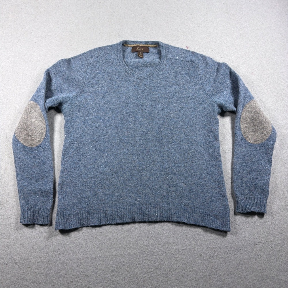 Tasso Elba Lambswool V Neck Sweater Men Medium Regular Blue Elbow Patches